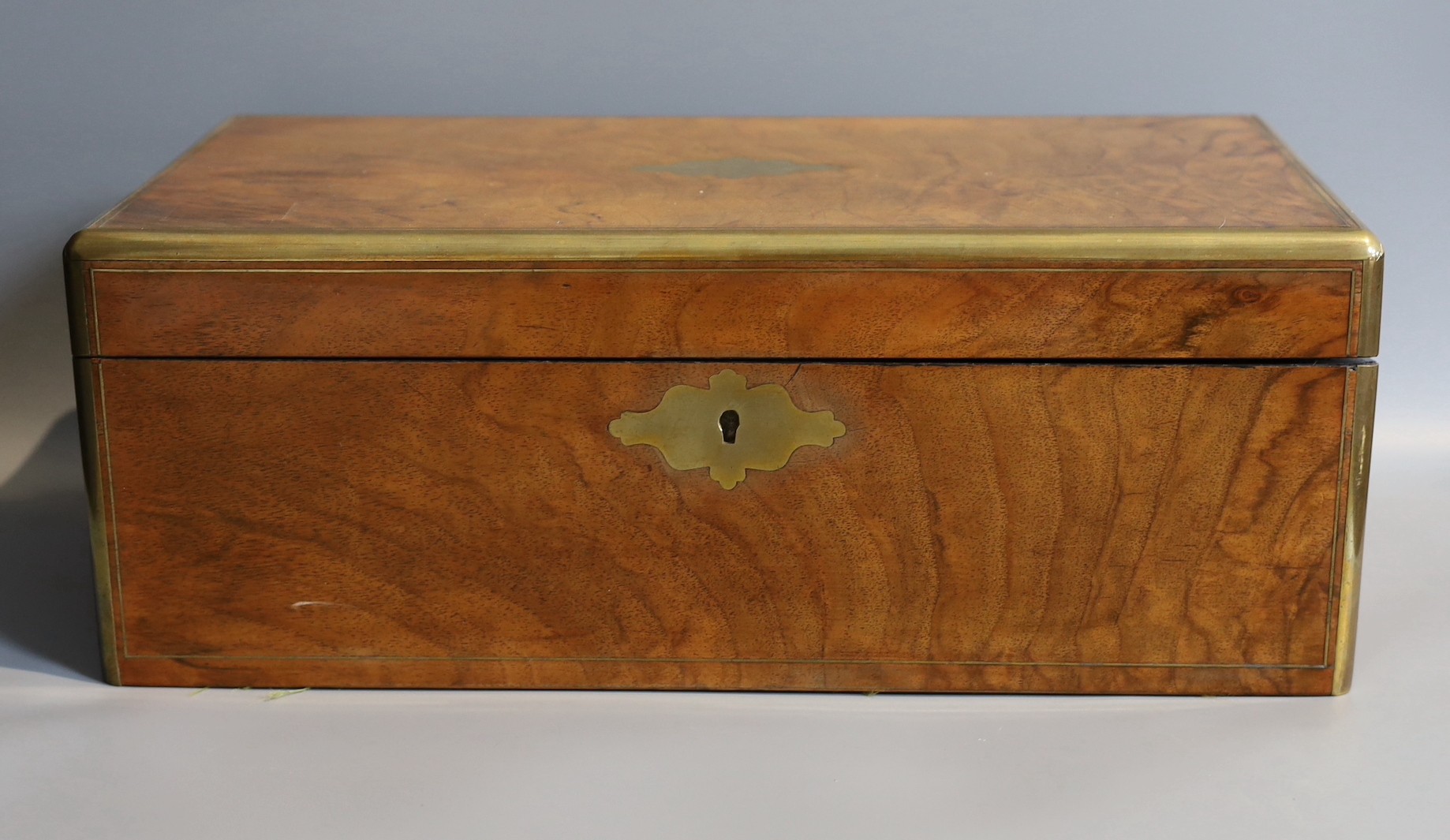 A Victorian brass mounted walnut writing slope, width 44cm